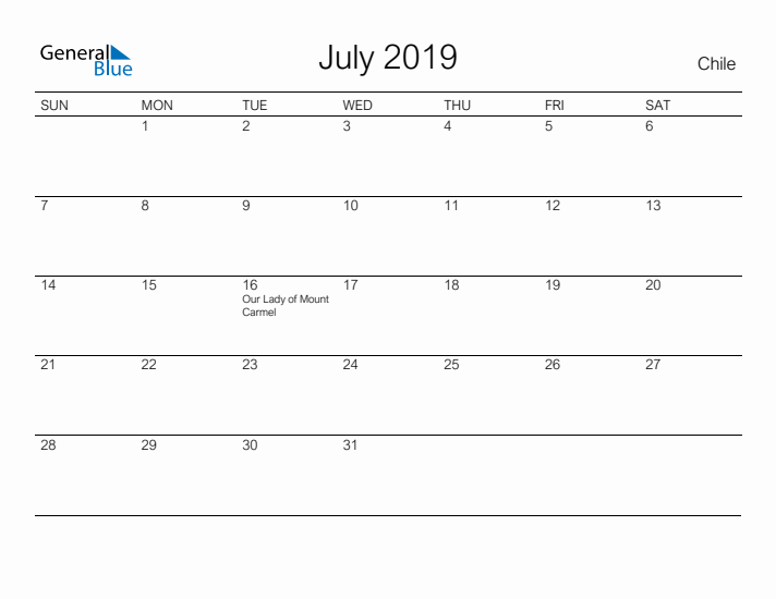 Printable July 2019 Calendar for Chile
