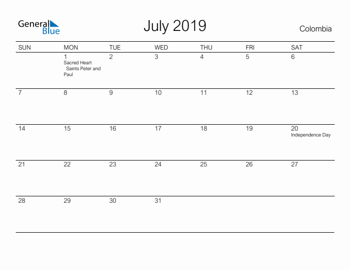 Printable July 2019 Calendar for Colombia