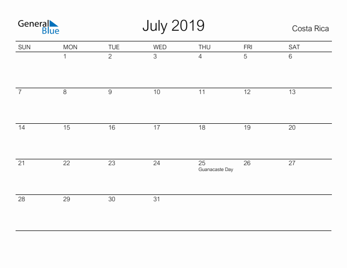 Printable July 2019 Calendar for Costa Rica