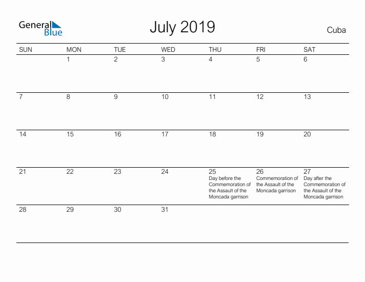 Printable July 2019 Calendar for Cuba