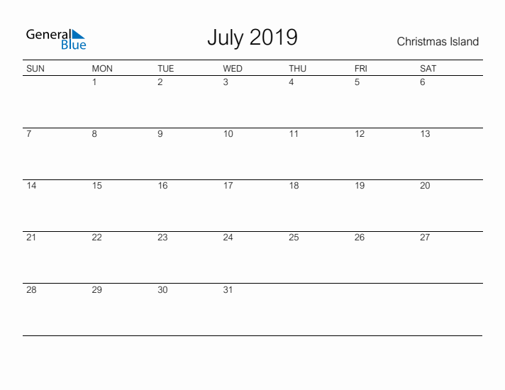 Printable July 2019 Calendar for Christmas Island
