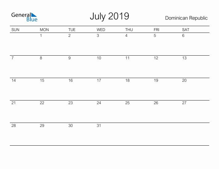 Printable July 2019 Calendar for Dominican Republic