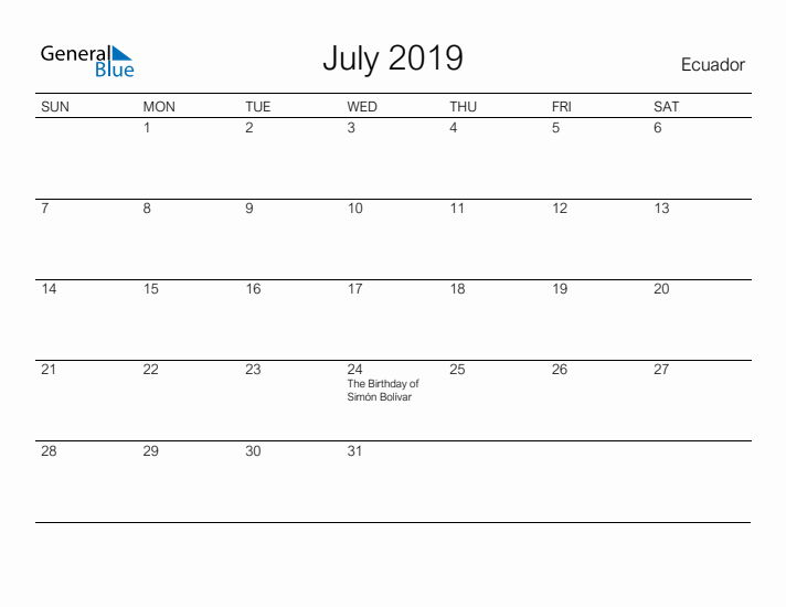 Printable July 2019 Calendar for Ecuador