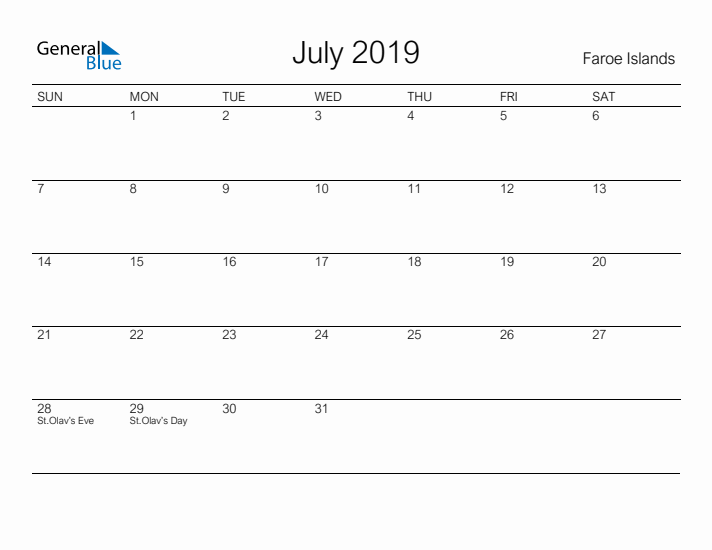 Printable July 2019 Calendar for Faroe Islands