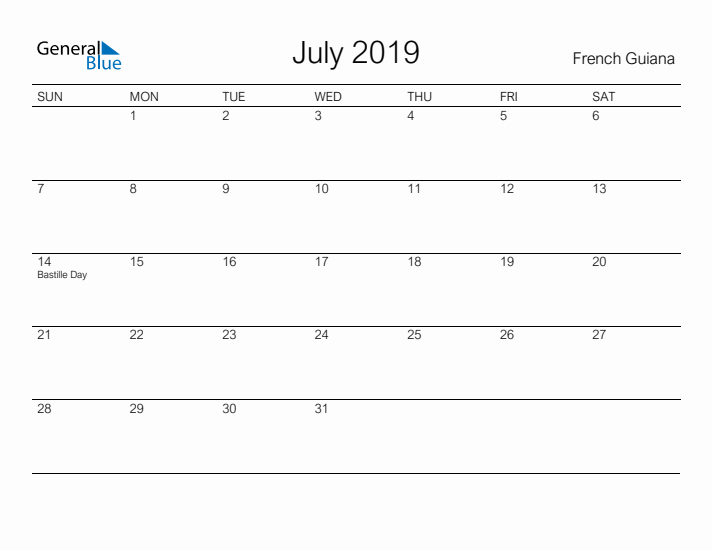 Printable July 2019 Calendar for French Guiana