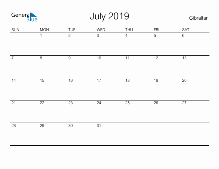 Printable July 2019 Calendar for Gibraltar