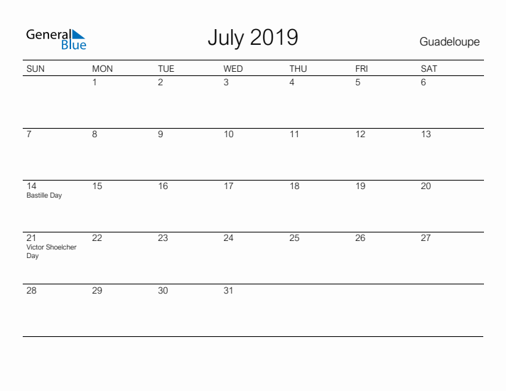 Printable July 2019 Calendar for Guadeloupe