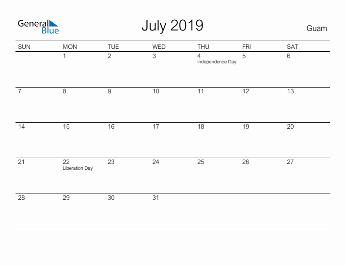 Printable July 2019 Calendar for Guam