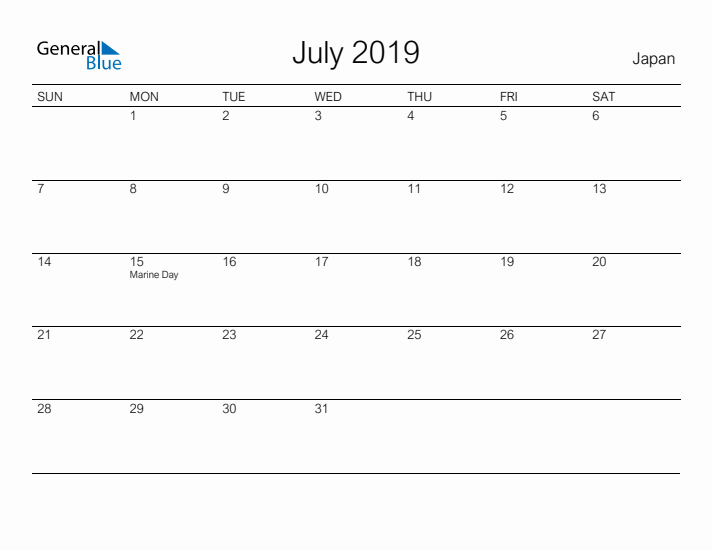 Printable July 2019 Calendar for Japan