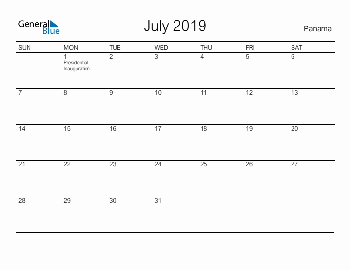 Printable July 2019 Calendar for Panama