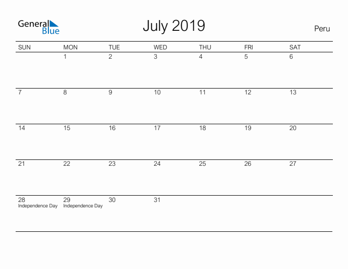 Printable July 2019 Calendar for Peru