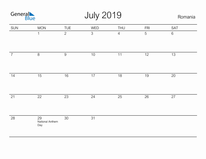 Printable July 2019 Calendar for Romania
