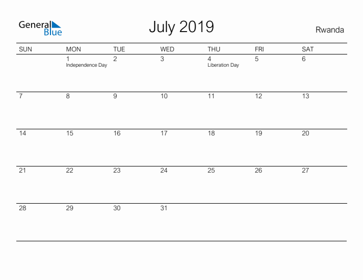 Printable July 2019 Calendar for Rwanda