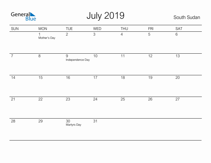 Printable July 2019 Calendar for South Sudan