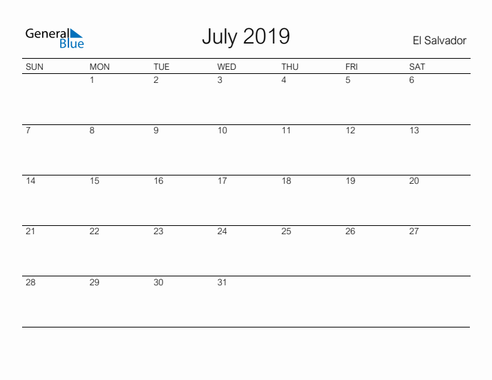 Printable July 2019 Calendar for El Salvador