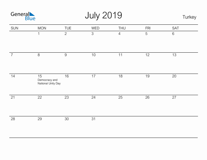 Printable July 2019 Calendar for Turkey