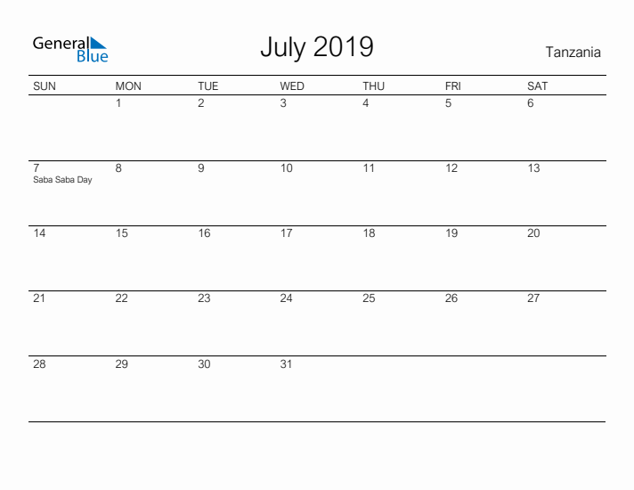 Printable July 2019 Calendar for Tanzania