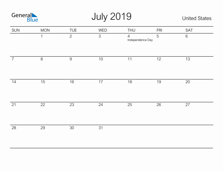Printable July 2019 Calendar for United States