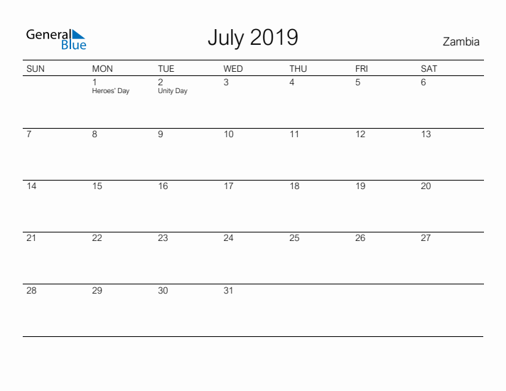 Printable July 2019 Calendar for Zambia