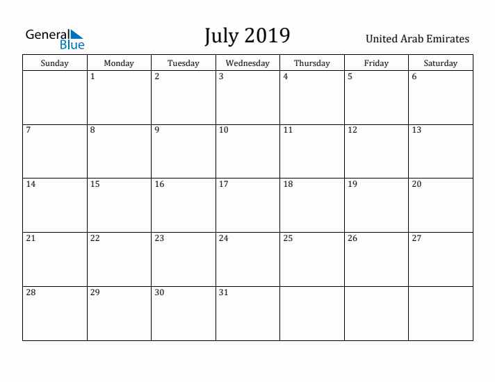 July 2019 Calendar United Arab Emirates