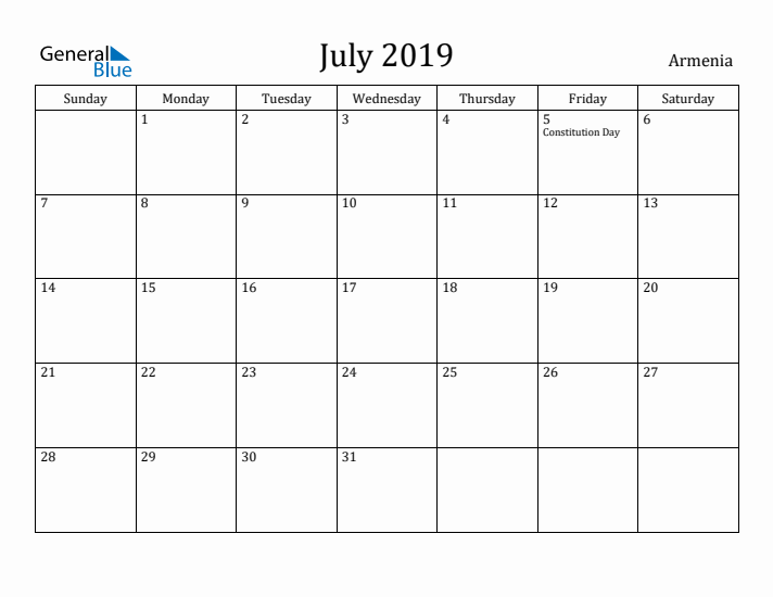 July 2019 Calendar Armenia