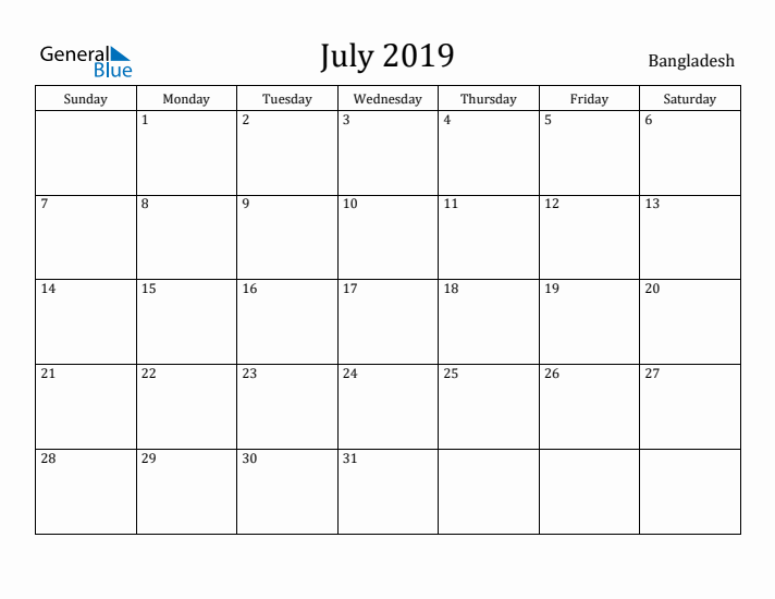 July 2019 Calendar Bangladesh