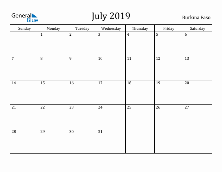 July 2019 Calendar Burkina Faso