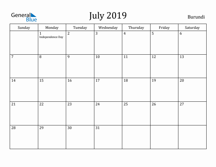July 2019 Calendar Burundi