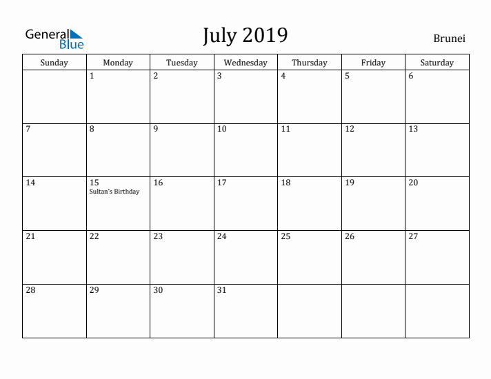 July 2019 Calendar Brunei