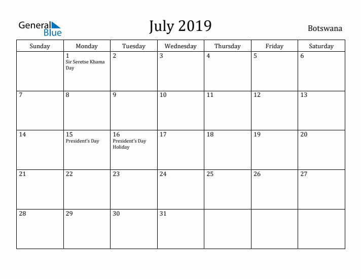 July 2019 Calendar Botswana
