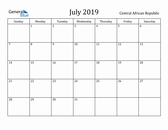 July 2019 Calendar Central African Republic