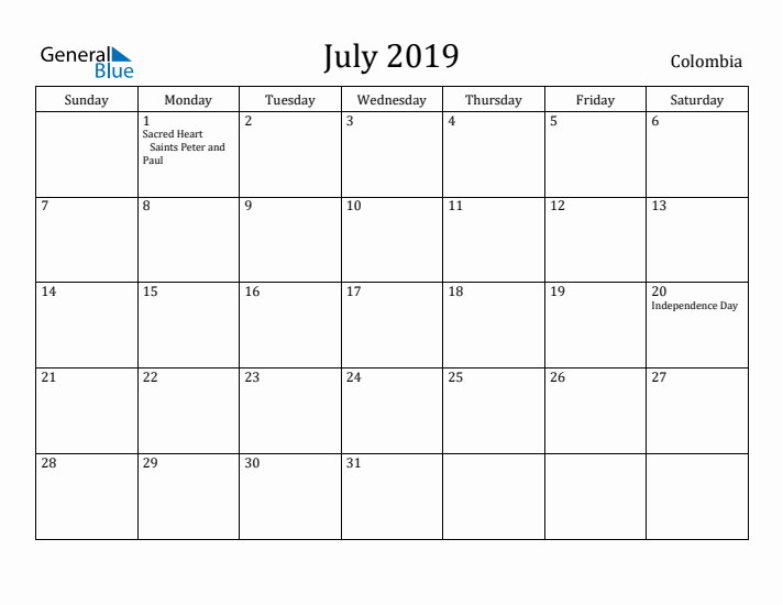 July 2019 Calendar Colombia