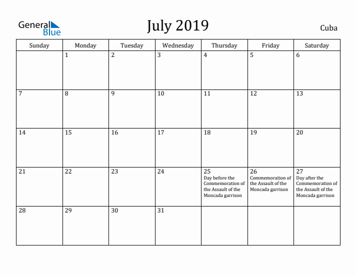July 2019 Calendar Cuba