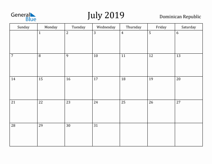 July 2019 Calendar Dominican Republic