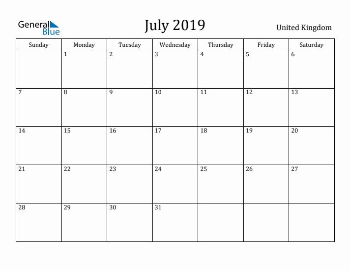 July 2019 Calendar United Kingdom