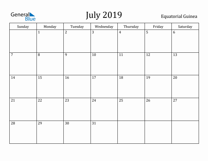 July 2019 Calendar Equatorial Guinea