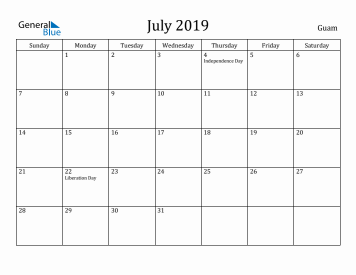 July 2019 Calendar Guam