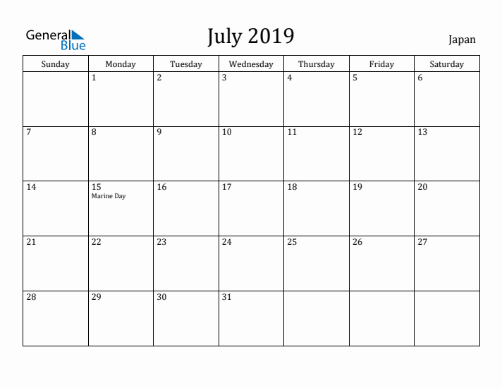 July 2019 Calendar Japan