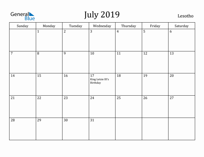 July 2019 Calendar Lesotho