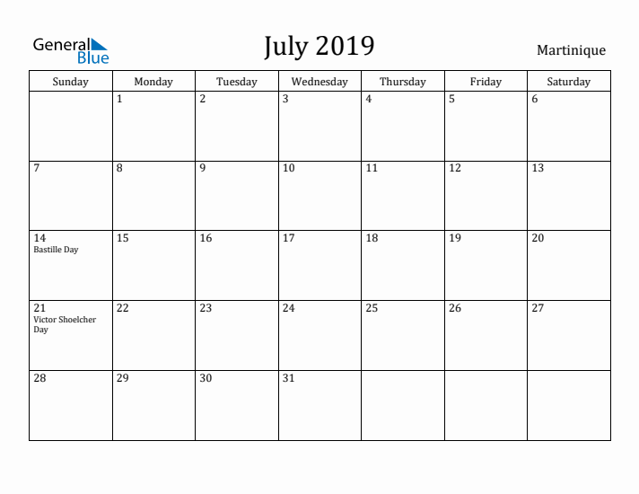 July 2019 Calendar Martinique