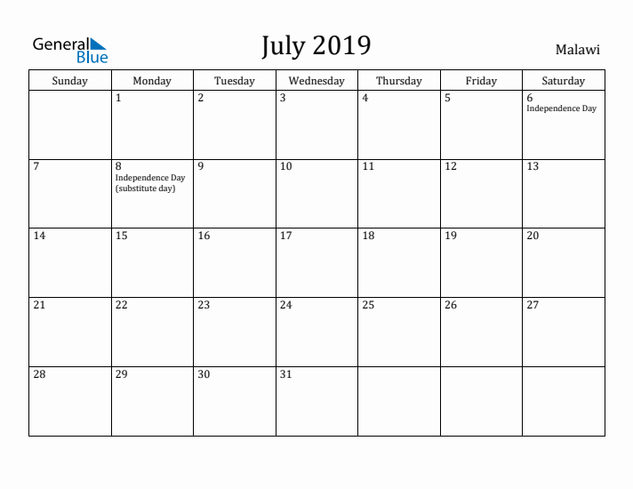 July 2019 Calendar Malawi