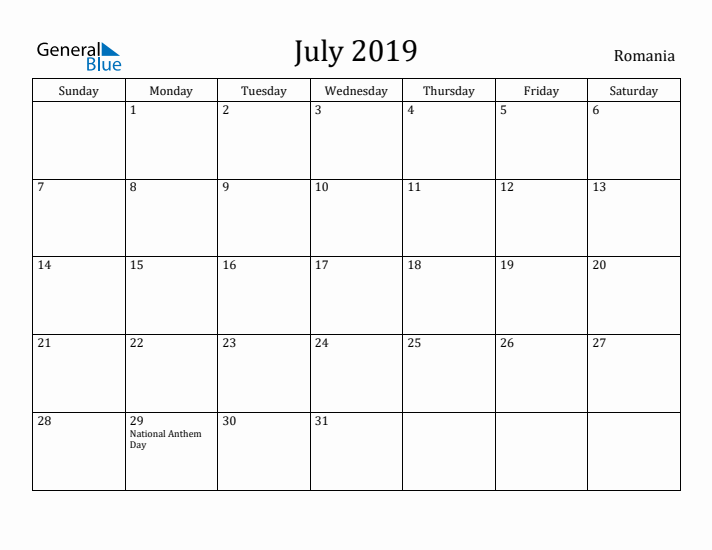 July 2019 Calendar Romania