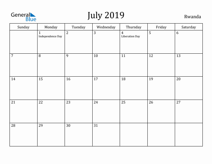July 2019 Calendar Rwanda