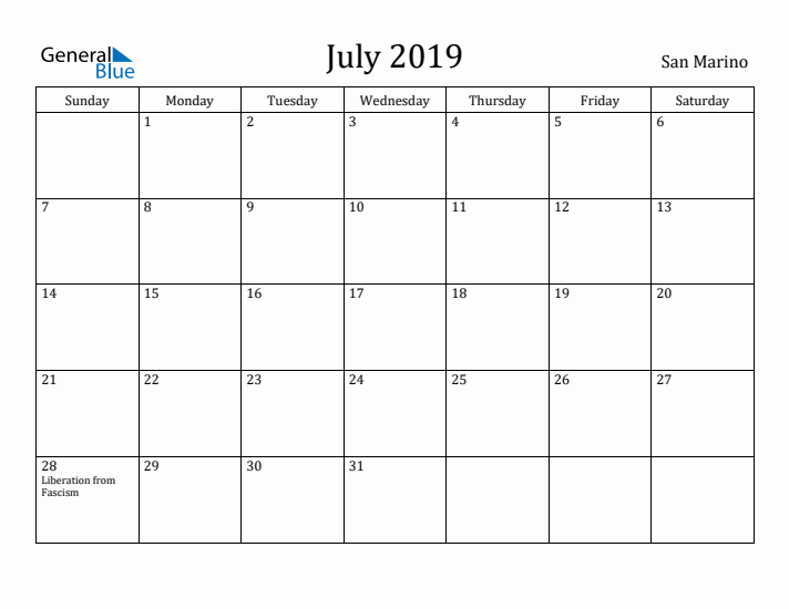 July 2019 Calendar San Marino