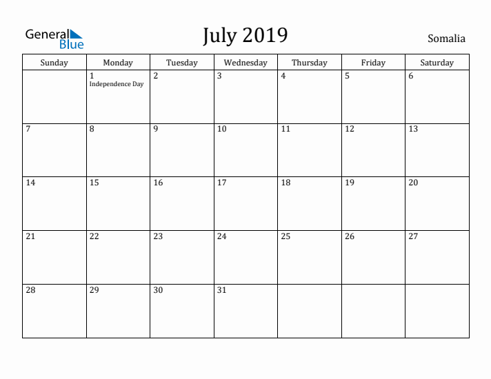July 2019 Calendar Somalia