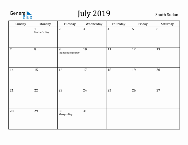 July 2019 Calendar South Sudan