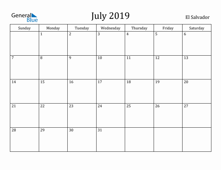 July 2019 Calendar El Salvador
