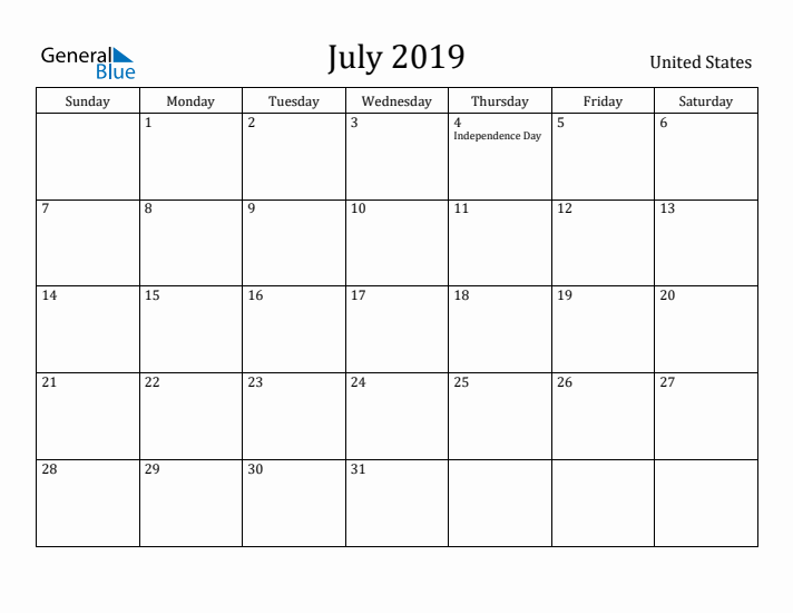 July 2019 Calendar United States