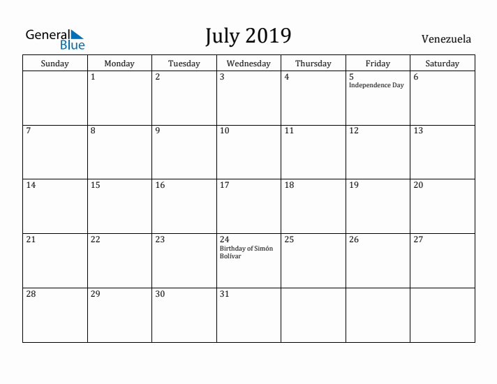 July 2019 Calendar Venezuela