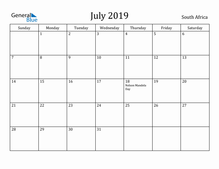 July 2019 Calendar South Africa